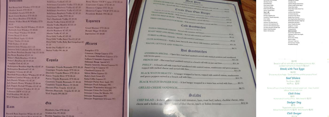 Black Watch Pub Menu