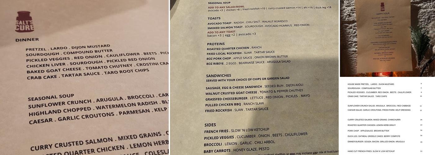 Salt's Cure Menu