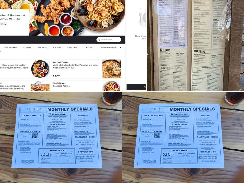 Steins Beer Garden & Restaurant Menu