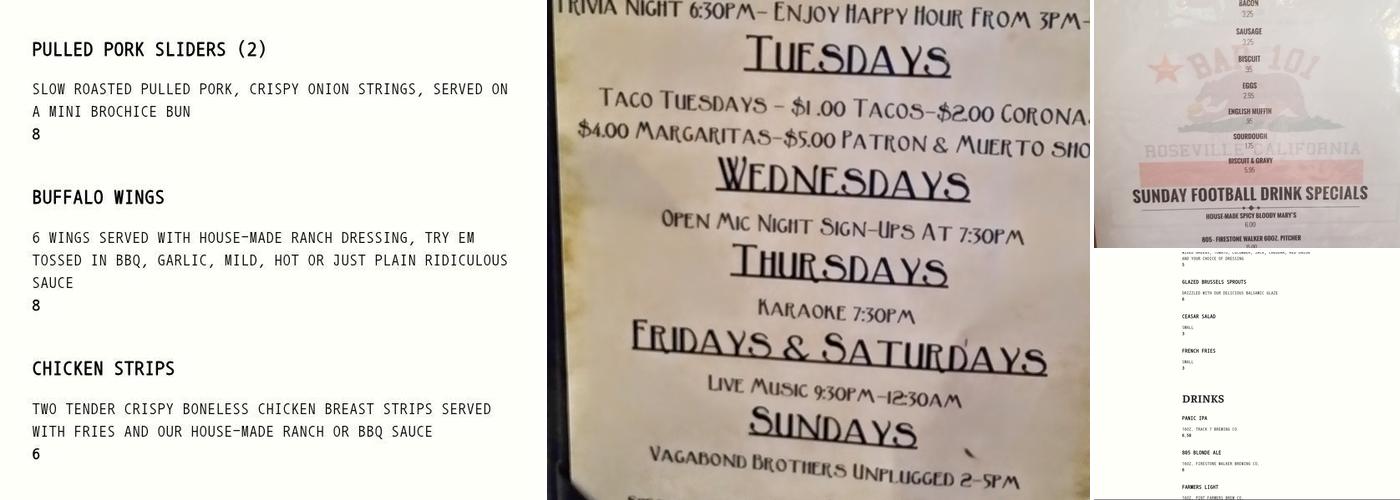 Bar 101 Eats & Drinks Menu