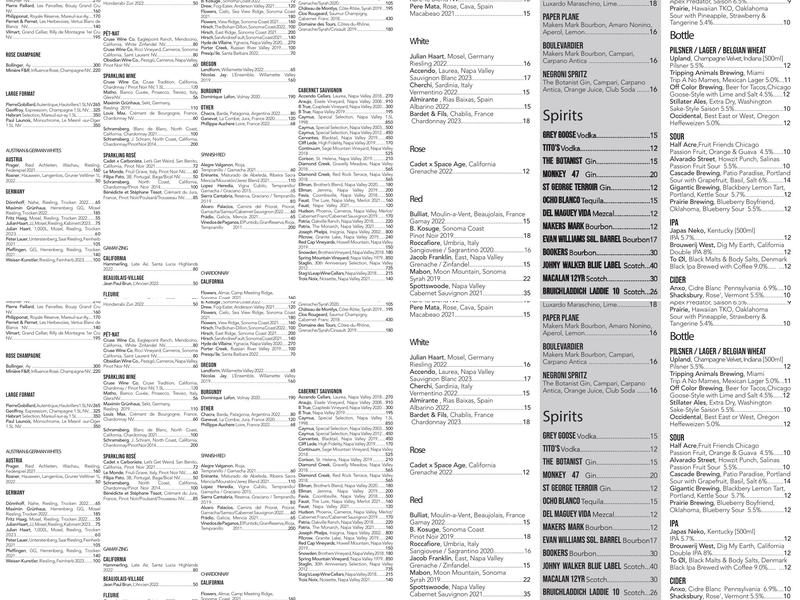 Cadet Wine & Beer Bar Menu