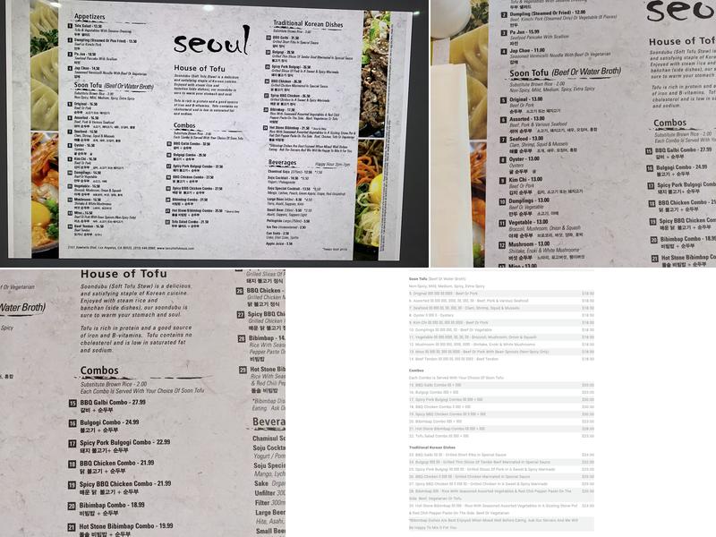 Seoul Tofu Menu