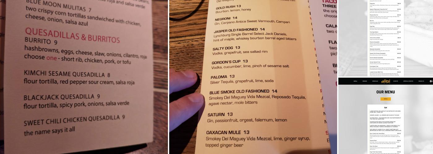 Alibi Room Menu