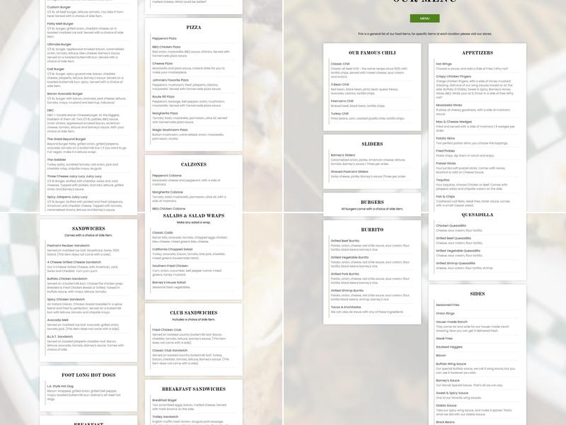 Barney's Beanery Menu