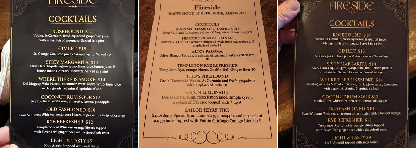 Fireside Bar Menu