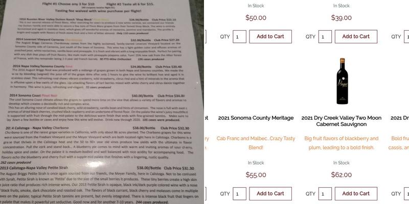 August Briggs Winery Menu