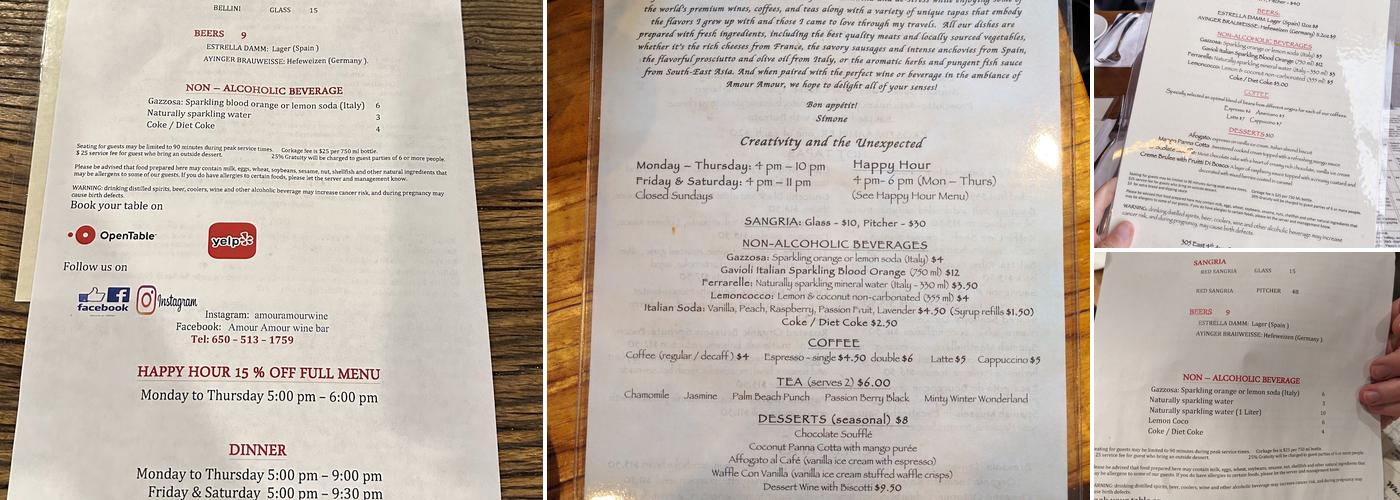 Amour Amour Menu