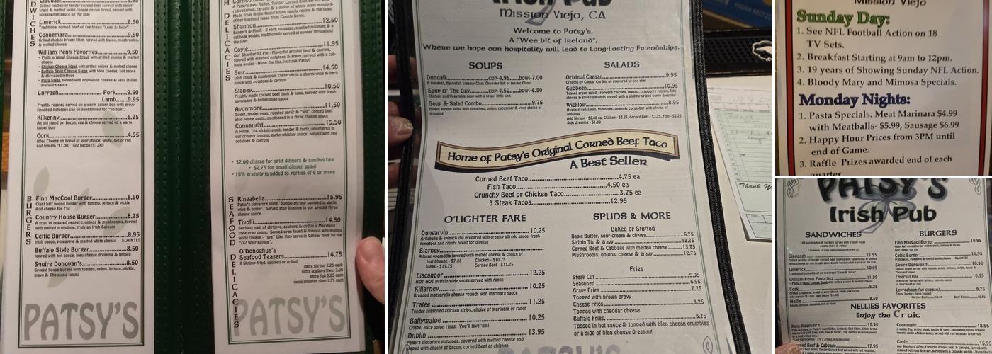 Patsy's Irish Pub Mission Viejo Menu