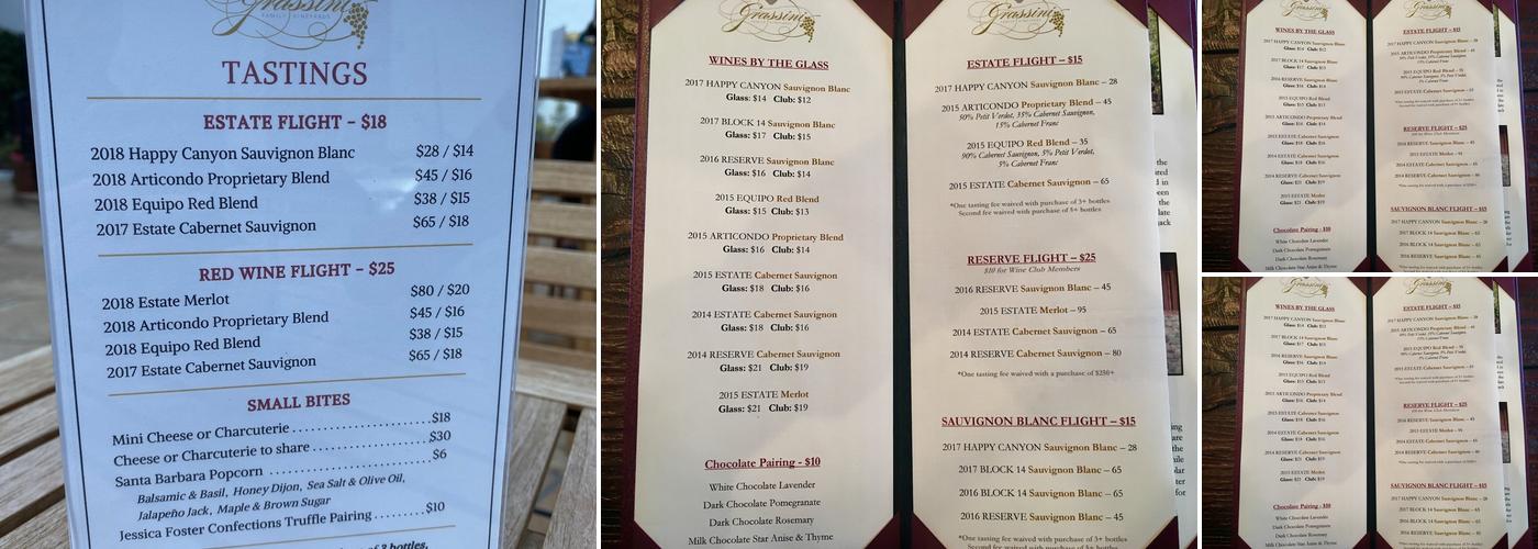 Grassini Family Vineyards Menu