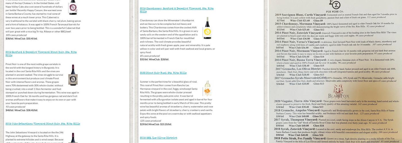 Fox Wine Co. Menu