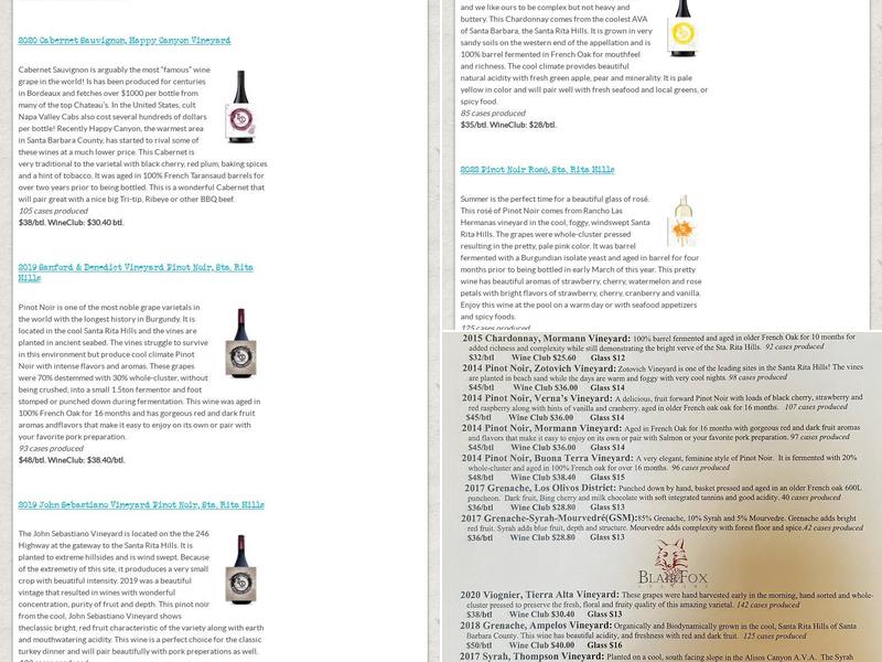 Fox Wine Co. Menu