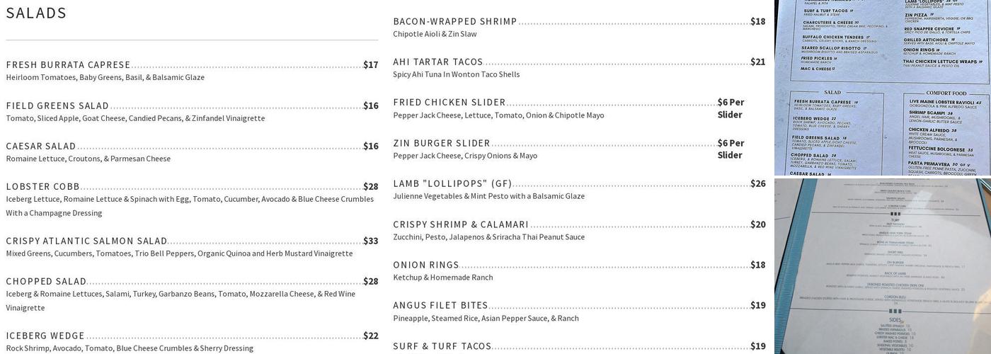 Zin Bistro Americana Menu