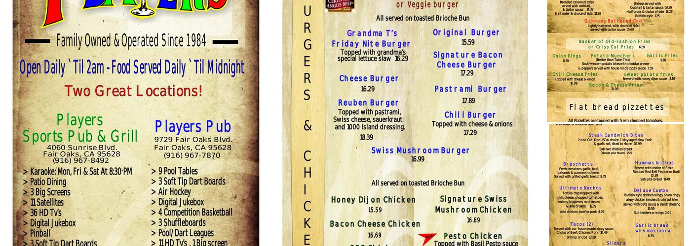Players Pub Menu
