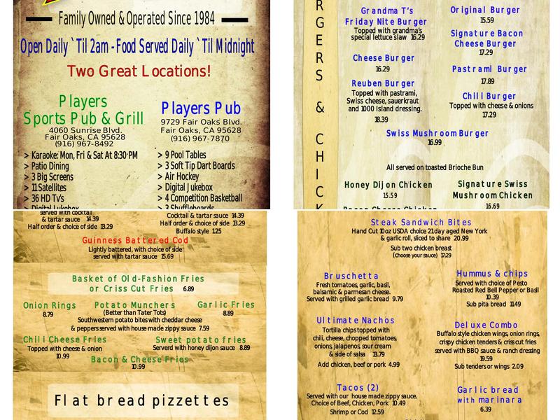 Players Pub Menu