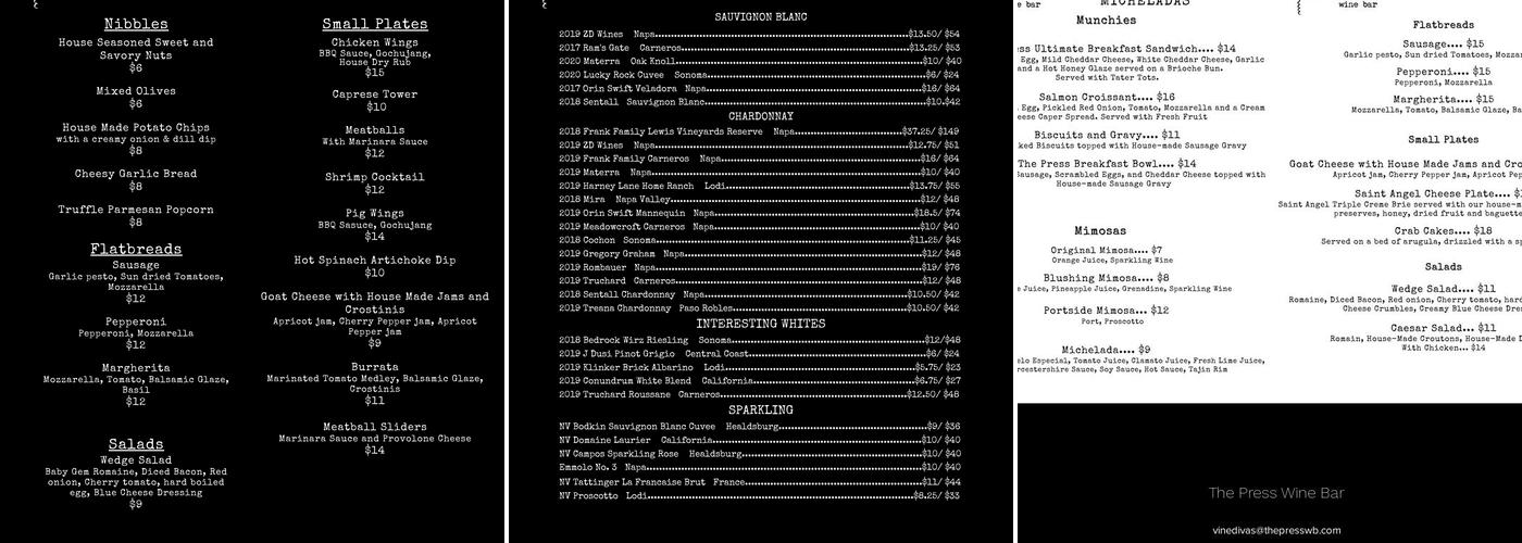 The Press Wine Bar Menu