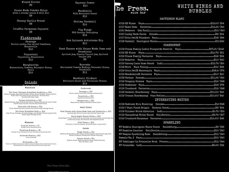 The Press Wine Bar Menu