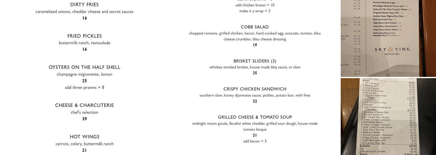 Sky & Vine Rooftop Bar Menu