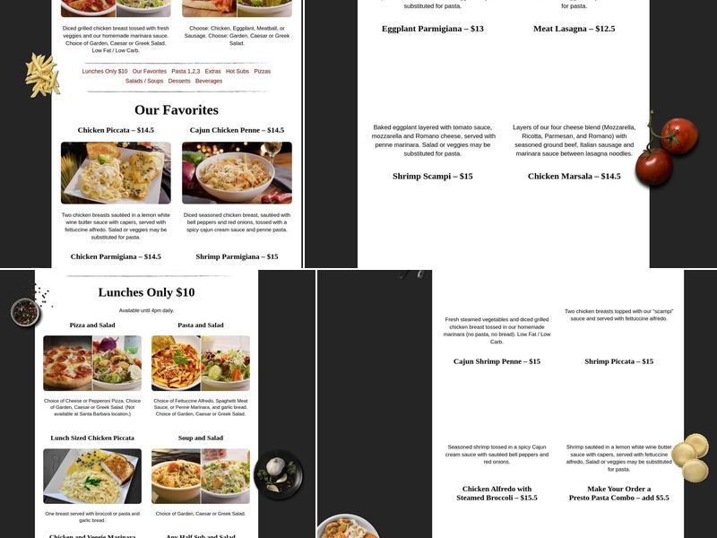Presto Pasta Menu
