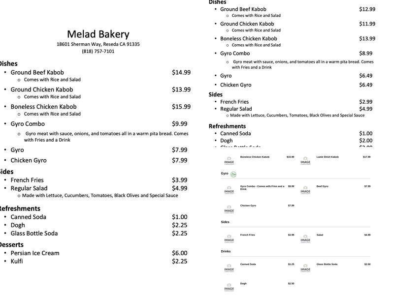 Melad Bakery & Afghan Restaurant Menu