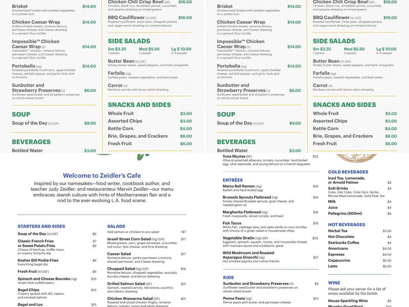 Zeidler's Cafe Menu