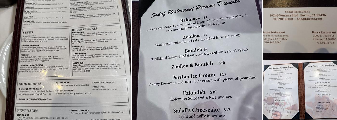 Sadaf Restaurant Menu