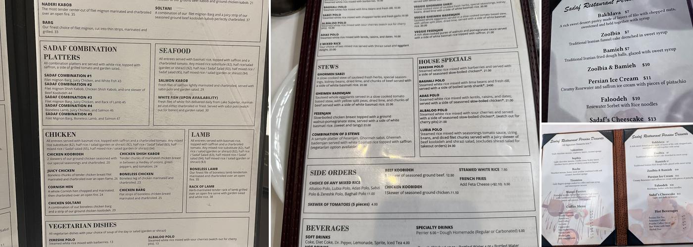 Sadaf Restaurant Menu