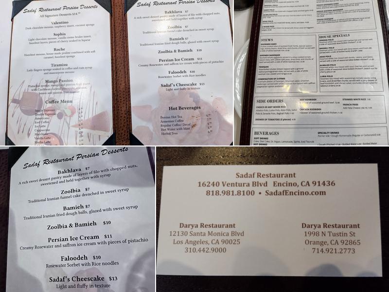 Sadaf Restaurant Menu