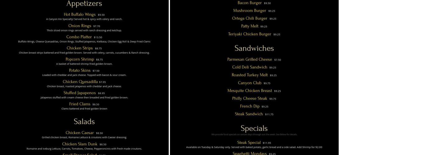 Canyon Inn Menu