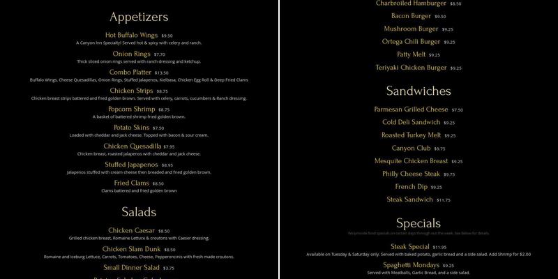 Canyon Inn Menu
