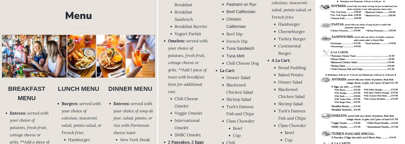 Turk's Dana Warf Restaurant Menu