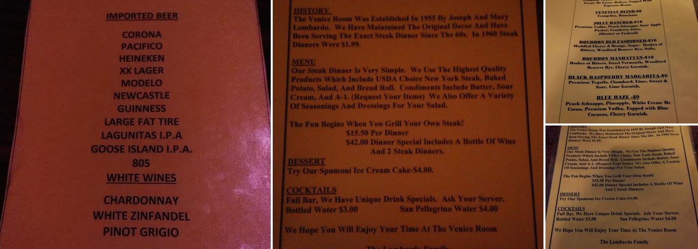 Venice Room Menu