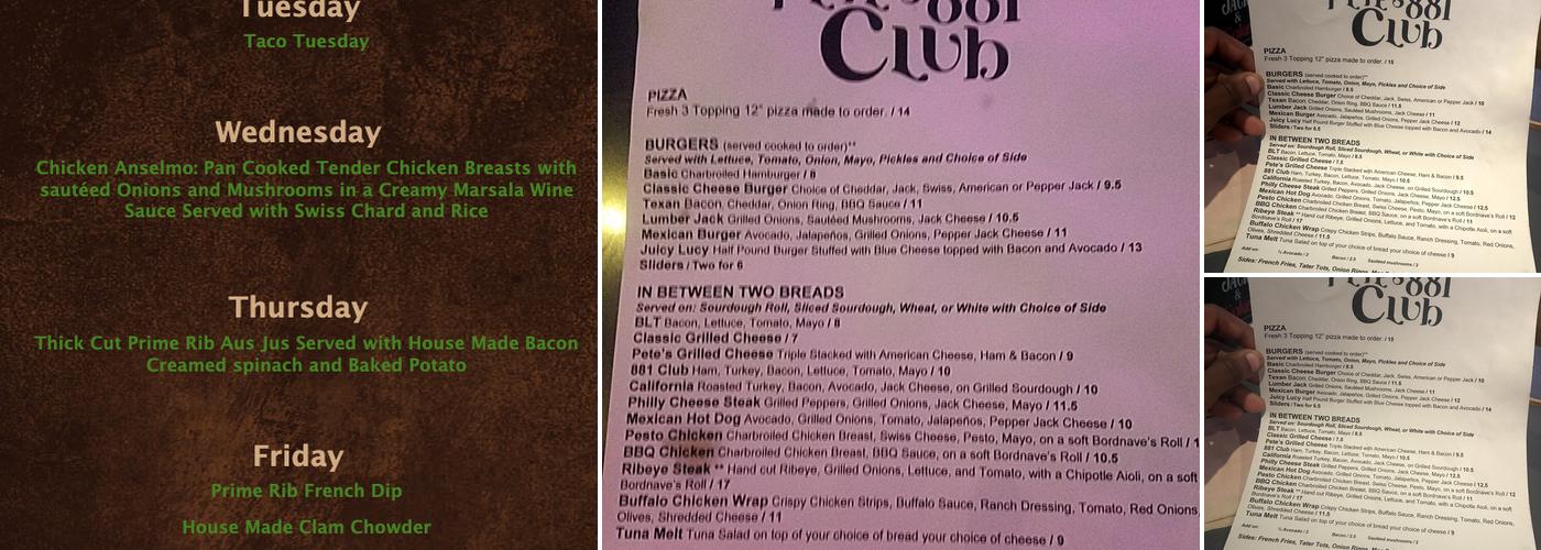 Pete's 881 Club Menu