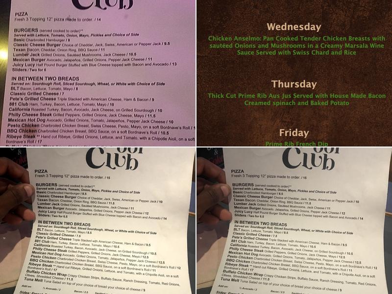 Pete's 881 Club Menu