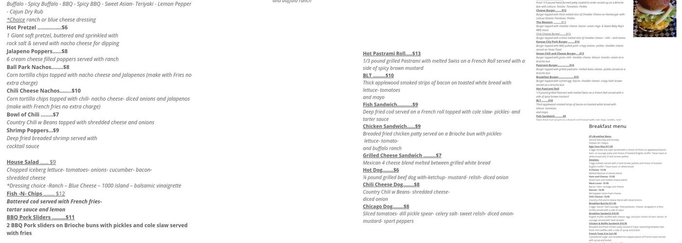 JP's Pub Menu