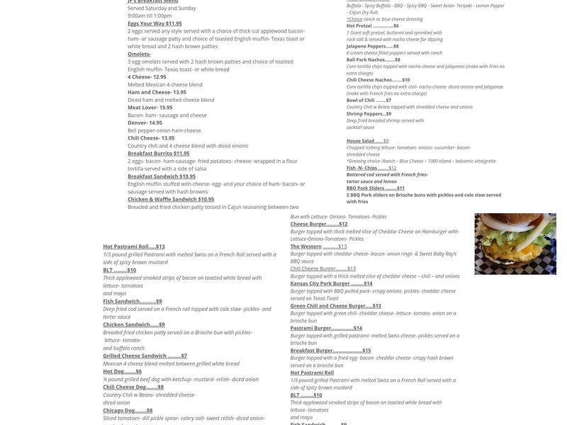 JP's Pub Menu