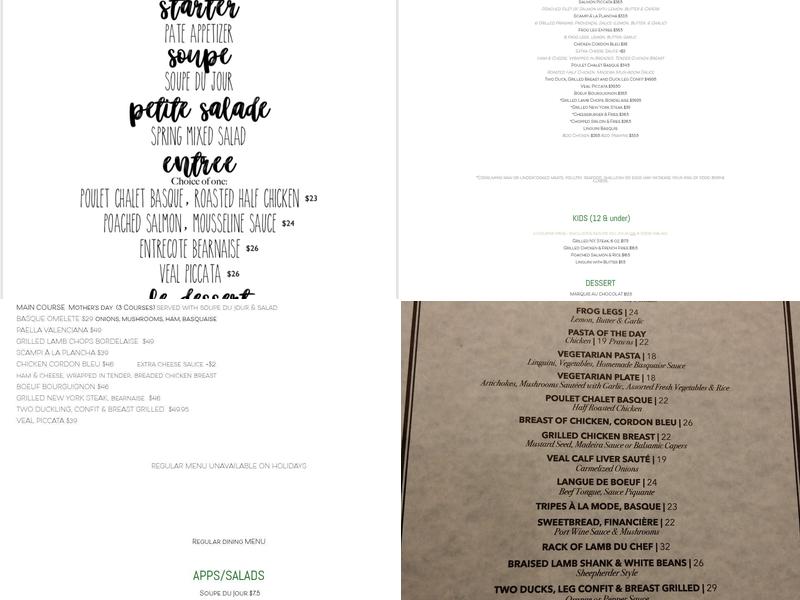 Le Chalet Basque Restaurant Menu