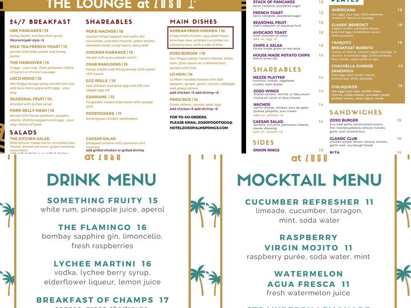 The Club Downtown Palm Springs at Hotel Zoso Menu