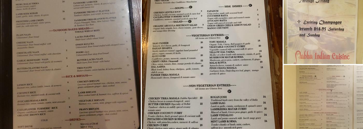 Aabha Indian Cuisine Menu
