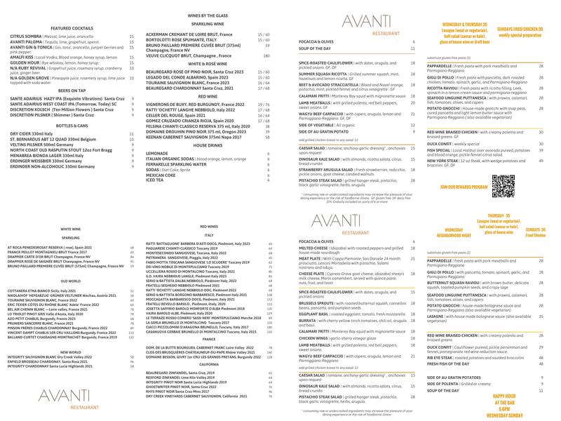 Avanti Restaurant Menu