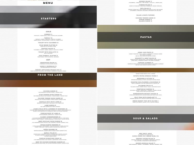 Caspian Mediterranean kitchen Menu