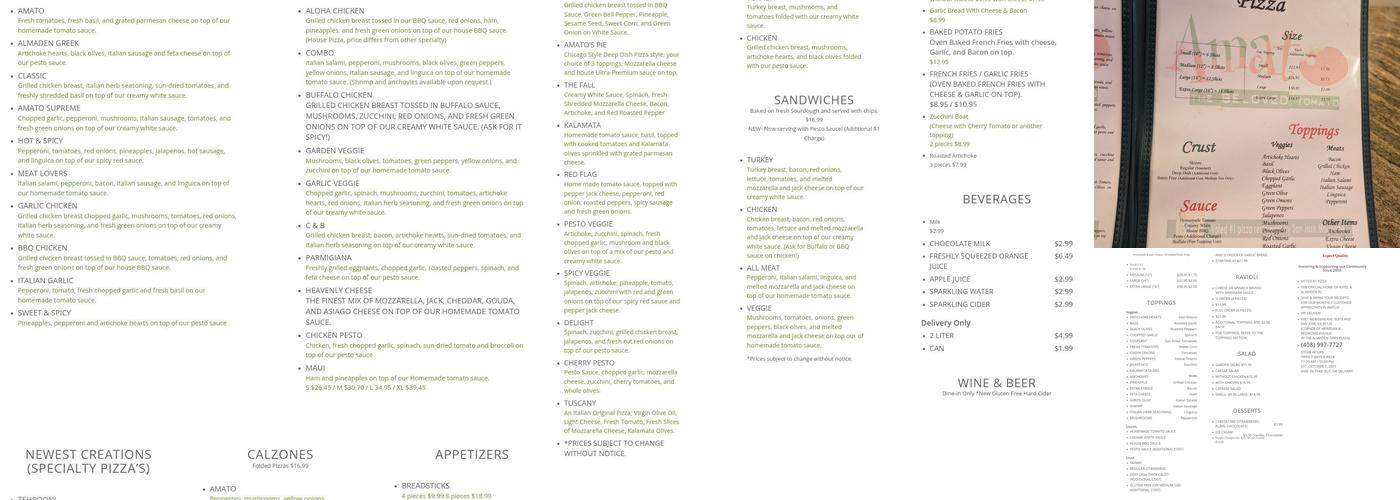 Amato Pizza Menu