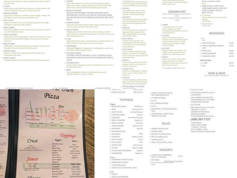 Amato Pizza Menu