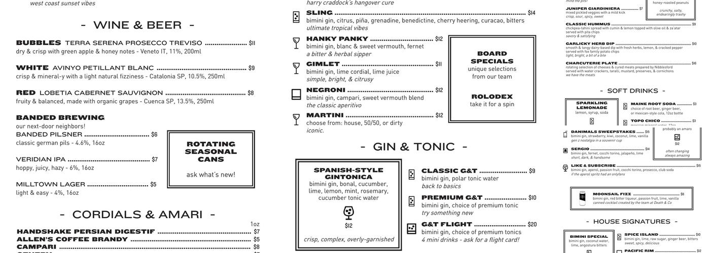 Round Turn Distilling Menu