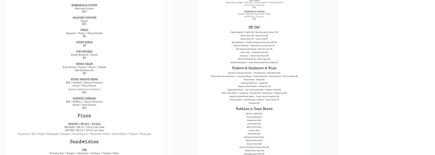 Howie's Pub Menu