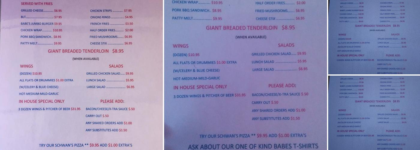 Babe's Blue Room Menu