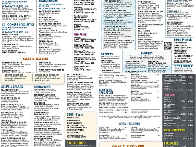 Schooners Menu