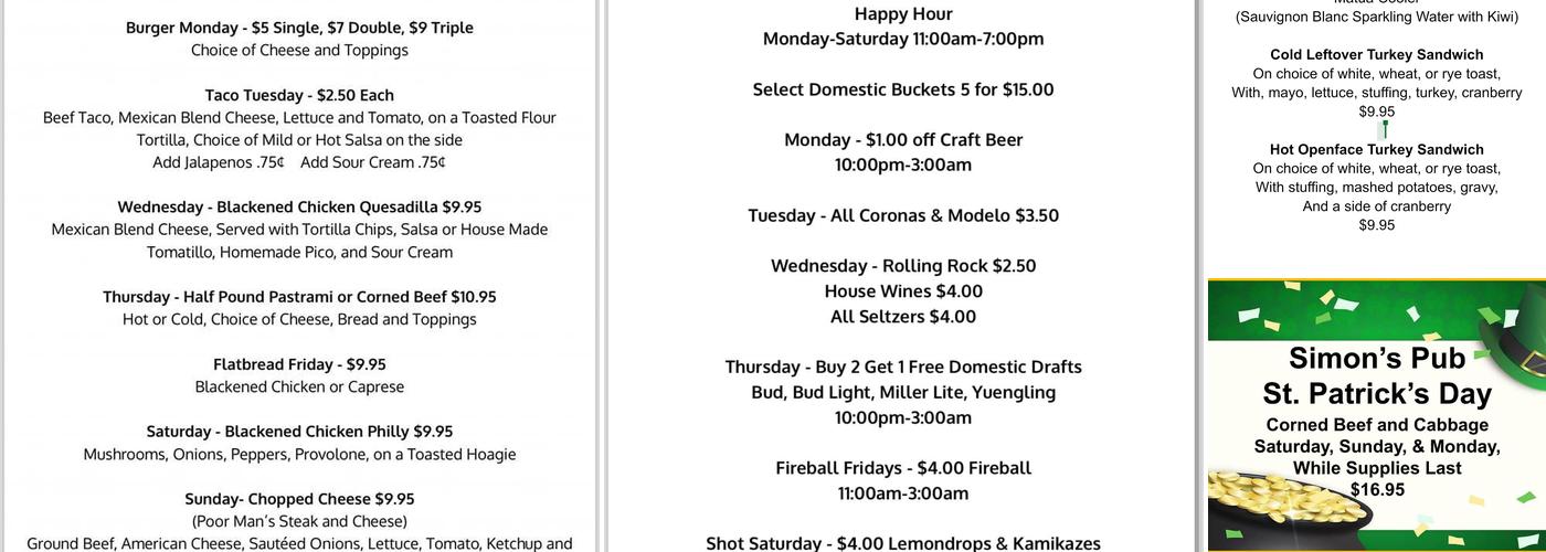Simon's Pub Menu