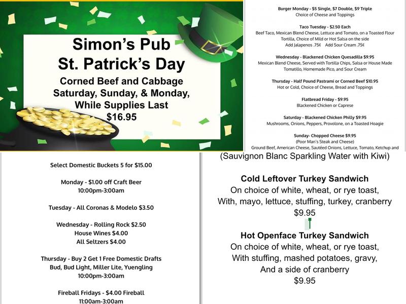 Simon's Pub Menu