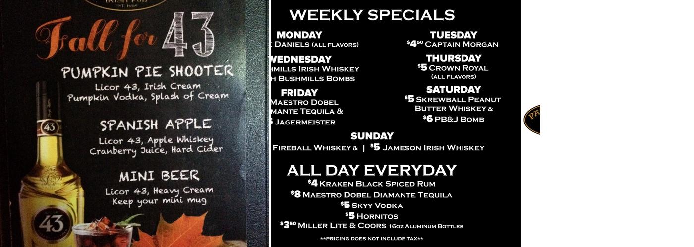PaddyWagon Irish Pub Menu