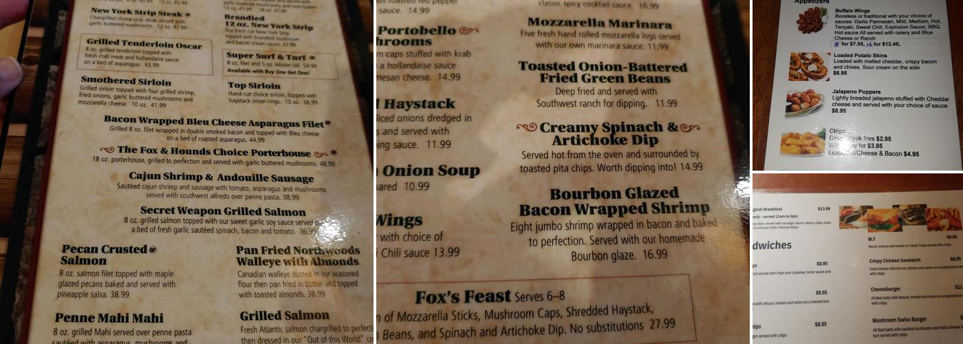 Fox & Hounds British Pub Menu